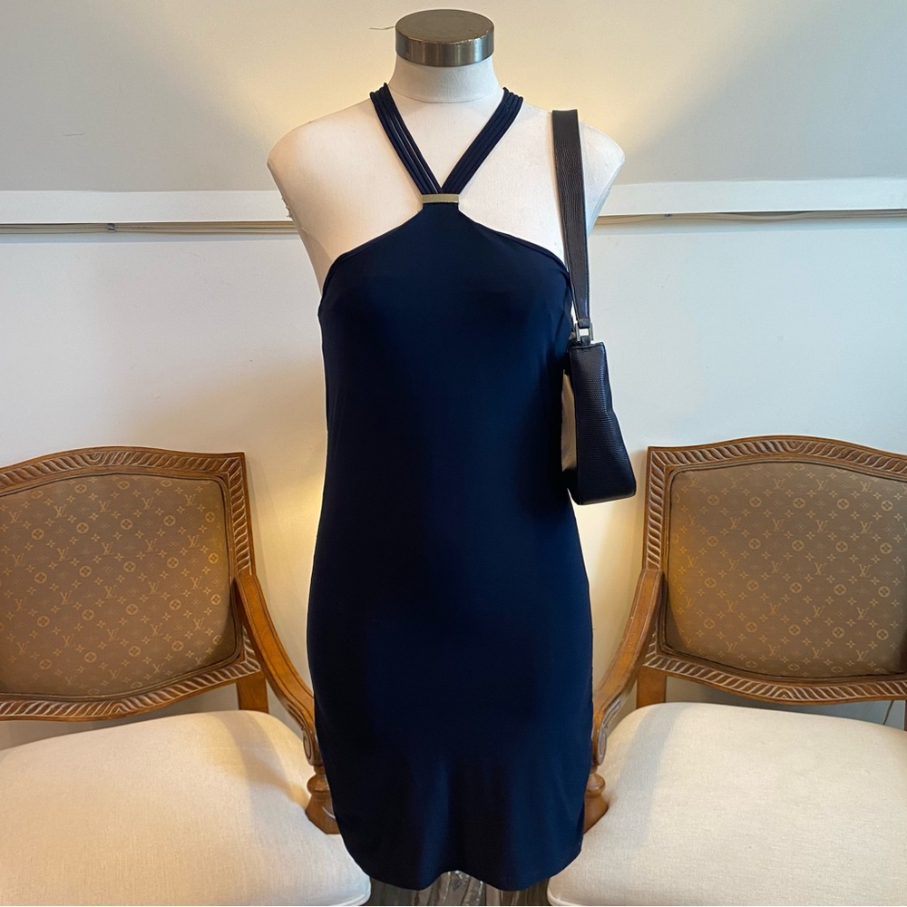 Vintage Cache Elegant Navy Blue Halter Mini Dress, Size Small